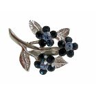Sapphire Crystals Flower Brooch w/ Cubic Zricon On Stem & Leaf