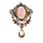 Victorian Cameo Lady Brooch Antique Gold Copper Brooch w/ Smoked Topaz & Lite Smoked Crystals & Cute Dangling Brooch