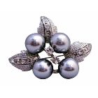 Grey Flower Pearls Brooch w/ Silver Casting Leaves Decoraed Cubic Zircon Gorgeous Brooch