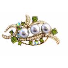 Olivine Crystals Brooch Pearls & Crystals Brooch Dress Brooch 2 1/4 Inches Long