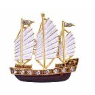 Hand Painted in White & Antique Brown & Golden Sail Boat Brooch