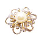 Gold Flower Brooch Fully Embedded with Diamante & Ivory Pearl At Center