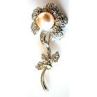 Sun Flower Brooch with Ivory Pearls Silver Plated Stem & Diamante Leaves Perfect Holiday Gift