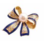 Blue Glitter Golden Plated Bow Brooch Pin in White Pearl & Rhinestones
