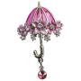 Filgree Handpainted Pink Flowers Crystals Umbrella Vintage Brooch Pin