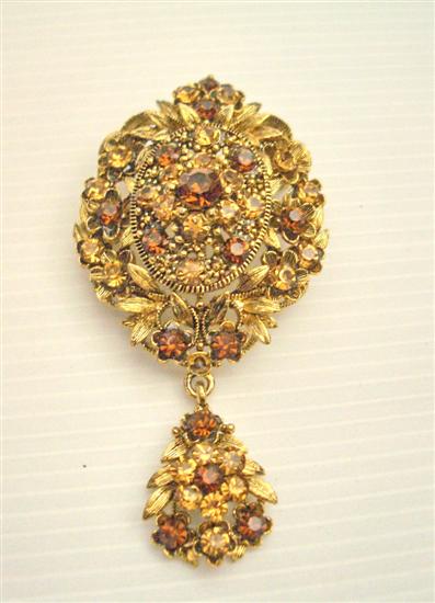 Gold Vintage Style Brooch w/ Smoked Topaz & Lite Smoked Crystals Brooch