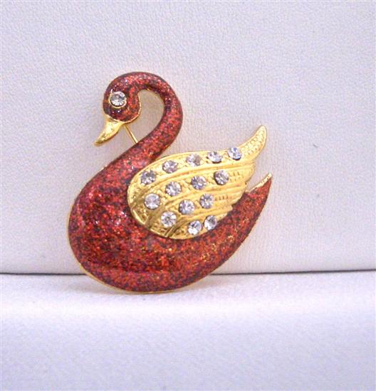 Animal Brooch Gold Plated Red Duck w/ Gold Wings Decorated CZ