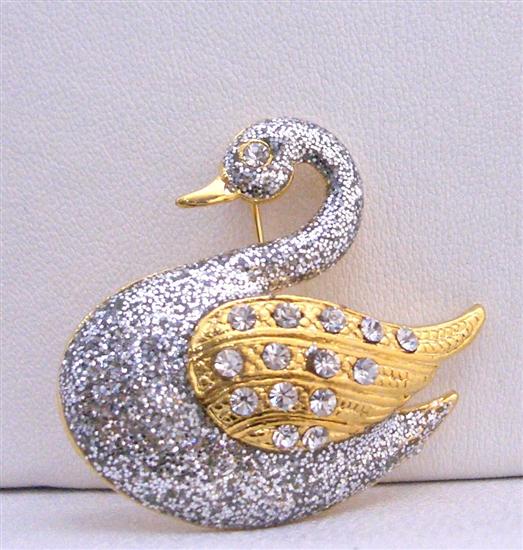 Silver Glitter Animal Brooch Gold Plated Silver Duck w/ Gold Wings Decorated CZ