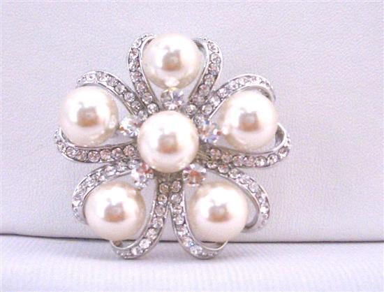 Ivory Pearls Brooch Wedding Bridal Bridemaids Dress Brooch Framed With Cubic