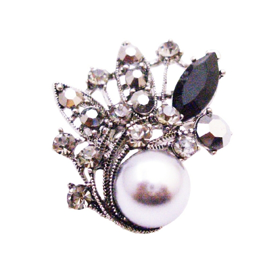 Great Gift Idea Grey Pearl Brooch Black Diamond Crystals Employee Gift