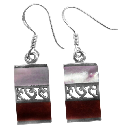 Fascinating Sterling Silver Earrings Mother Of Pearl & Coral Stone Inlay Combo Sterling Silver 92.5 Stamped