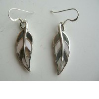 Genuine Sterling Silver Mother of Pearls Inlaid Leaf Shaped Earrings  