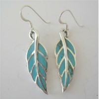 Green Turquoise Genuine Sterling Silver Inlaid Leaf Shaped Earrings  