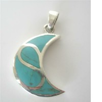 Moon Sterling Silver Pendant w/ Inlaid Turquoise Genuine Sterling Silver Pendant 