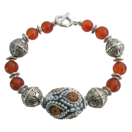 Fall Color Orange Carnelian w/ Kashmiri Bead Bracelet