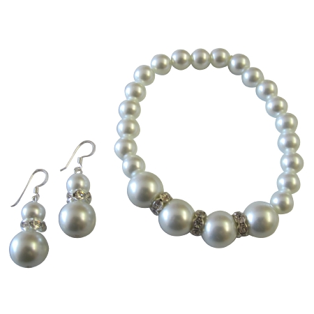 Alluring Gift White Pearl Stretchable Bracelet Earrings Set