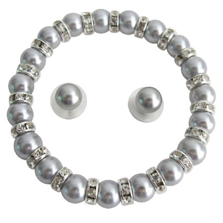 Classic Silver Gray Pearl Stretchable Bracelet Stud Earrings Accessory