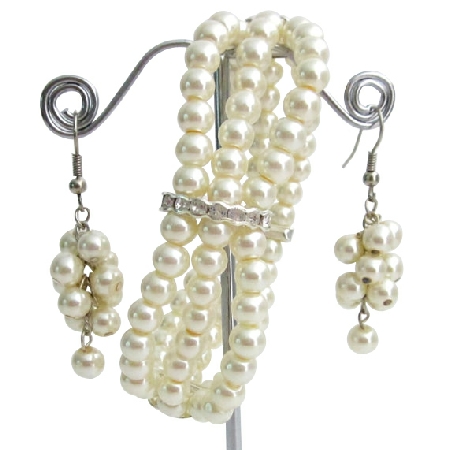Ivory Pearls Rhinestone Stretchable  Bracelet 3 Strand Dangling Earrings Jewelry Gift