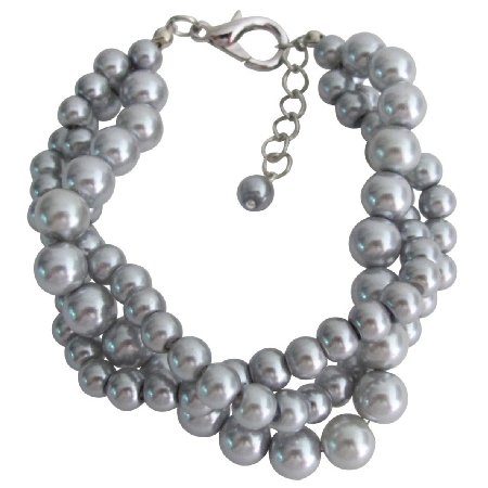 Tripple Strand Silver Pearl Gray Pearl Bracelet At Amazing Price