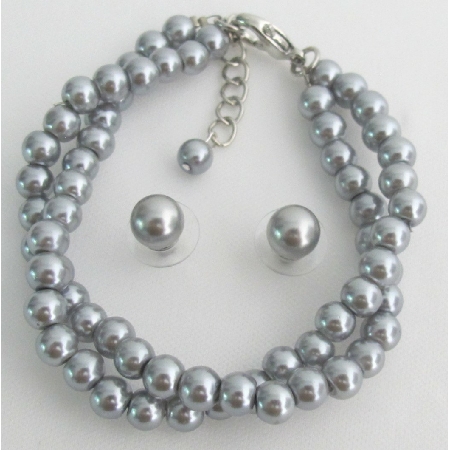 Gorgeous Double Strand Bracelet Silver Gray Bridesmaid Gift Jewelry Set