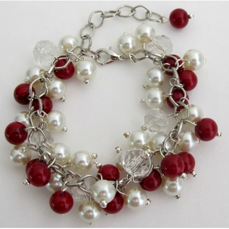 Christmas Holiday Red Ivory Pearls Cluster Clear Crystals Bracelet