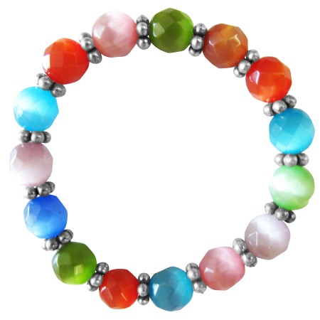 MultiColor Cat Eye Stretchable Bracelet 9mm Faceted Bead Daisy Spacing