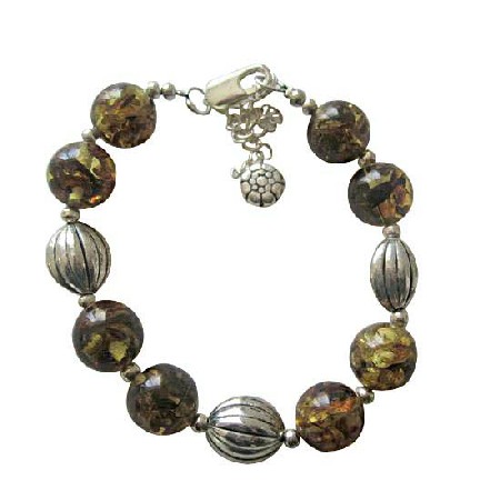 Olivine Amber Resin Beaded Bracelet w/ Rhodium Traditional Bracelet