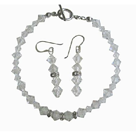 Bridal Irridscent Clear Crystal Bracelet & Earrings Set w/  Clear Crystal & Silver Rondells