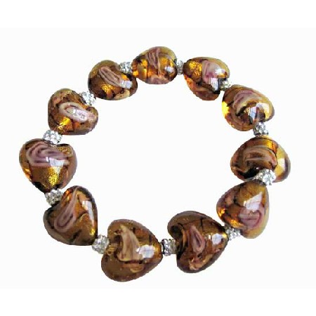 Stretchable Bracelet Millefiori Brown Heart Beaded Bali Silver Spacer