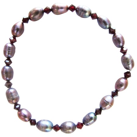 Metallic Freshwater Pearls w/ Siam Red Crystals Stretchable Bracelet