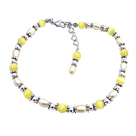 Yellow Cat Eye Beads Bali Silver Freshwater Pearls Bracelet