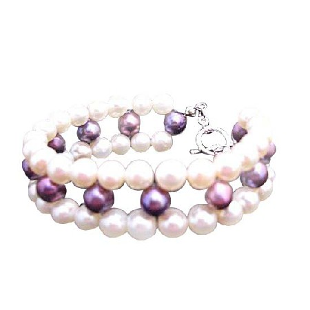 Superior Quality Freshwater Pearls Bracelet Tripple Strand Bracelet w/ Metallic Purple Freshwater Pearl