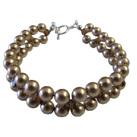 Handcrafted Jewelry Interwoven 3 stranded Bronze Pearl Bridal Bracelet