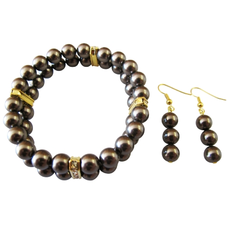 Brown Chocolate Pearl Stretchable Double Stranded Bracelet Earrings