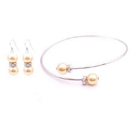 Gold Pearls Jewelry Gift Bridal Bright Gold Pearls Bangle & Earrings