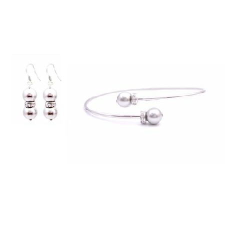 Soft Grey Pearls Cuff Bracelet Earrings Set w/ Silver Rondells Spacer