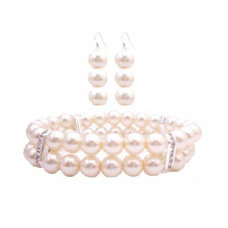 Ivory Pearls Double Stretchable Bracelet Bridesmaid Earrings Set