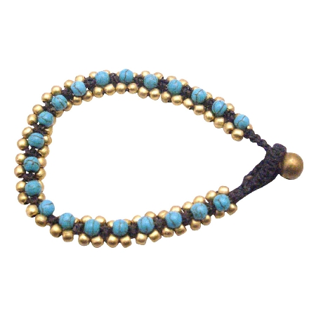 Golden Beads Bracelet Accented Cord Wax Turquiose Stone Embedded