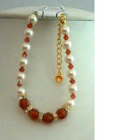 Burnt Orange Swarovski Crystals Bracelet w/ Swarovski Cream Pearls & Gold Rondells 
