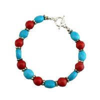 Handmade Flat Autumn Oval Turquoise & Coral Round Faceted Beads Bracelet w/ Toggle Clasp