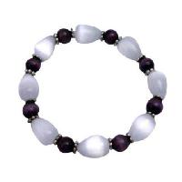 Genuine 12mm White Cat Eye Tear Drop Bracelet w/ Purple Cat eye 8mm & Daisy Spacing Handmade Stretchable Bracelet 