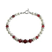 White Pearls And Swarovski Siam Red Crystals Bracelet Handmade Genuine Swarovski Pearls & Crystals
