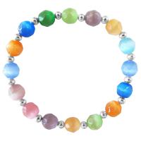 Multi colored Faceted Cat Eye Beaded Stretchable Bracelet w/ Silver Beads Spacing Bracelet 