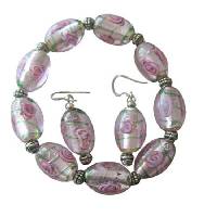 Pink MILLIFIORI VENETIAN GLASS BEADS Stretchable Bracelet With Sterling Silver Earrings  Jewelry 