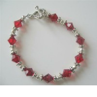 Sterling Silver Siam Red Swarovski Crystals Bracelet w/ Silver Beads & Daisy Spacer 