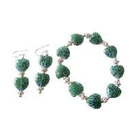 Heart Green Millefiori Venetian Glass Stretchable Bracelet w/ Sterling Silver Earrings 