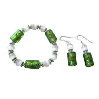 Multifaceted Opal Cat Eye And VENETIAN Murano Glass Stretchable Bracelet With Sterling Silver Earrings  Jewelry 