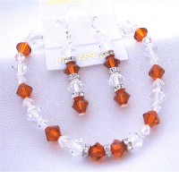 Burnt Orange Crystals & Clear Crystals Bracelet Earrings Genuine Swarovski Crystals w/ Silver Rondells