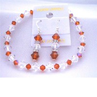 Bridemaides Bracelet & Earrings Set w/ Genuine Swarovski Burnt Orange & Clear Crystals w/ Silver Rondells
