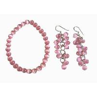 Pink Cats Eye Stone Bead Beaded Dangle Hook Earrings Stretch Bracelets 
